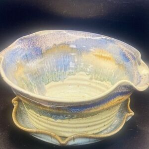 Sturbridge Pottery Handmade Stoneware Berry Bowl w Drip Plate Signed Blue Green